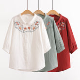 Japanese Mori Flower Embroidered Cotton Shirt
