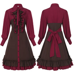 Retro Medieval Shirt Collar Ruffle Hem Dress