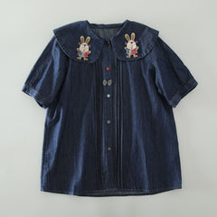 Cute Rabbit Embroidered Doll Collar Washed Denim Short Sleeved Shirt
