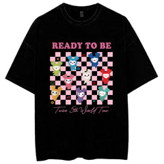 Unisex Kpop Cartoon Washed Crew Neck T-Shirt