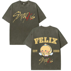 KPOP FELIX Cotton Washed Short-sleeved T-shirt