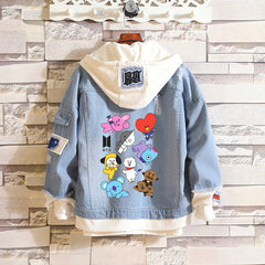 Casual BTS Fake Two Hooded Denim Jacket