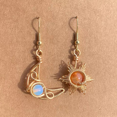 Sun and Moon Earrings Wire-Wrapped Crystal Earrings