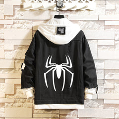 Unisex Spider Graphic Print Hooded Denim Jacket