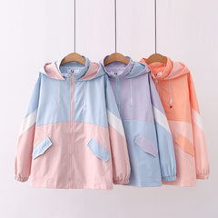 Lovely Color Block Hooded Long Sleeved Coat