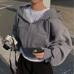 Versatile Slim Zipper Solid Color Crop Hoodie