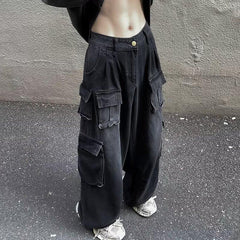 Trendy Washed Jeans Multi-pocket Straight Pants