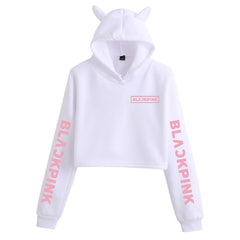 Kpop Letter Printed Cat Ears Crop Hoodie
