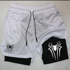 Casual Spider Print Double-layer Sports Fitness Shorts