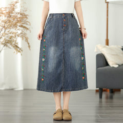 Floral Embroidered Elastic Waist Button Denim Skirt