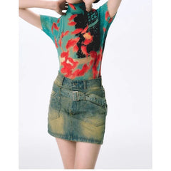 Y2k Style Goldfish Print Semi-turtleneck Slim-fit Stretch T-shirt