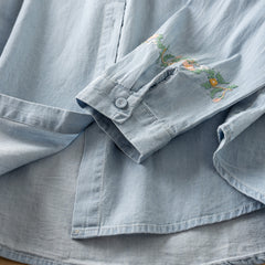 Women's Floral Embroidered Lapel Denim Shirt