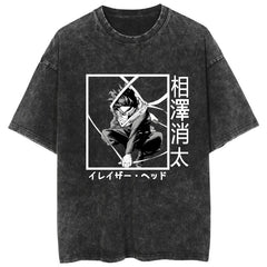 Trendy Anime Pattern Crew Neck Washed T-Shirt