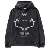 Unisex Anime Pattern Washed Black Hoodie