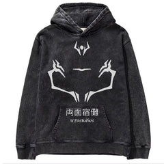 Unisex Anime Pattern Washed Black Hoodie