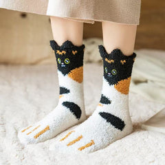 Embroidery Lucky Cat Paw Coral Fleece Socks