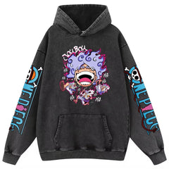 Retro Anime Printed Pullover Washed Hoodie