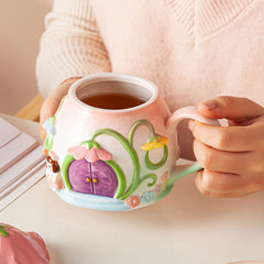Ceramic Mushroom House Mug with Lid