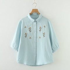 Flower Embroidery Medium-sleeved Women's Cardigan Shirt