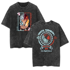 Trendy Anime Pattern Crew Neck Washed T-Shirt