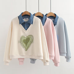 Fashionable Denim Collar Fake Two-piece Sweatshirt