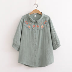 Japanese Mori Flower Embroidered Cotton Shirt