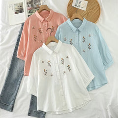 Flower Embroidery Medium-sleeved Women's Cardigan Shirt