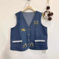 Women's Denim Loose Embroidery Vest