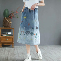 Retro Lace-up Garden Embroidered Denim Skirt