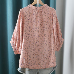 Stand-up Collar Cotton Yarn Floral Shirt