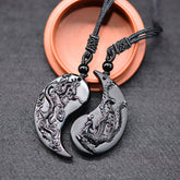 Obsidian Dragon and Phoenix Pendant Necklace