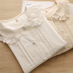 Sweet Lace Collar Long Sleeve Solid Color Shirt