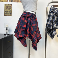 Leisure Plaid Fake Shirt Irregular Short Skirt