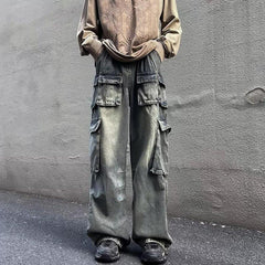 Trendy Washed Jeans Multi-pocket Straight Pants