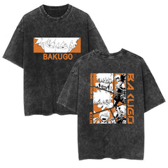 Trendy Anime Pattern Crew Neck Washed T-Shirt