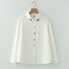 Women's Floral Embroidered Lapel Long Sleeved Shirt