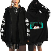 Trendy Anime Logo Printed Black Zipper Hoodie