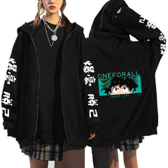 Trendy Anime Logo Printed Black Zipper Hoodie