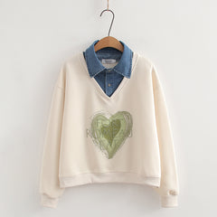 Fashionable Denim Collar Fake Two-piece Sweatshirt