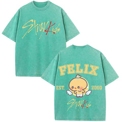 KPOP FELIX Cotton Washed Short-sleeved T-shirt