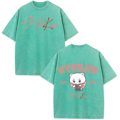 HYUNJIN KPOP Cotton Short-sleeved Washed T-shirt