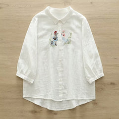 Women's Cartoon Flower Embroidered Shirt Blouse