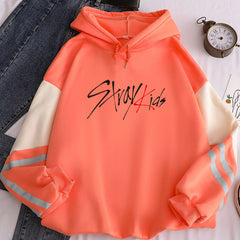 Stylish Kpop Letter Color Block Striped Hoodie