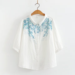 Japanese Mori Leaves Printed Women's Short-sleeved Shirt