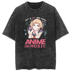 Trendy Anime Pattern Crew Neck Washed T-Shirt