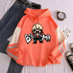 Casual Anime Print Color Block Hoodie