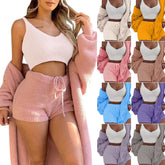 Women's Plush Casual Tank Top Cardigan Shorts 3 Piece Pajamas