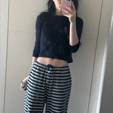 Korean Style Half-button Drawstring Striped Pants