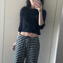 Korean Style Half-button Drawstring Striped Pants