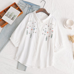 Flowers Embroidery Loose Ladies Cardigan Shirt